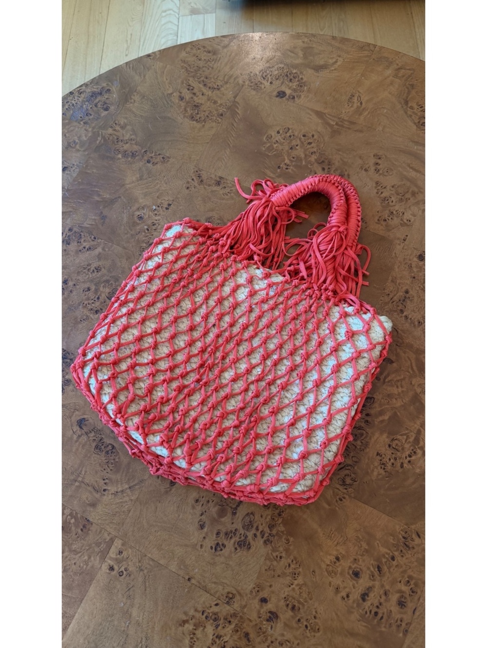 Handmade Woven Tote Bag with Coral Netting and Natural Base
